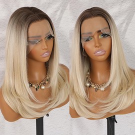 QD-Tizer QD-Tizer Ombre Blonde Highlights Wigs for Women 13x4 HD Lace Synthetic Lace Front Wig for Women Natural Wavy Long Wavy Hair Wigs Heat Resistant Fiber Wigs Two Tone Color Blonde Wig 22inches