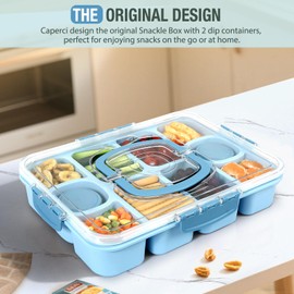 Caperci Original Snackle Box Container - 10-Compartment Divided Snack Serving Tray with Lid & Handle, Built-in 2 Dressing Containers, Leak-Proof, Dishwasher Safe, BPA-Free (Sky Blue)