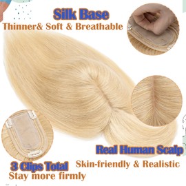 S-noilite Real Hair Topper Upgraded Silk Base Clip In Topper with Wispy Bangs for Women Crown Human Hair Topper for Thin Hair 120% Density(12 Inch,Natural Blonde)
