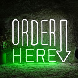 Order Here Neon Sign Cool White Green Letter Neon Light for Wall Decor Dimmable USB LED Light UP Words Sign for Restaurant Shop Bar Business Neon Wall Decor Sign (16.5‘’*11.2‘’）