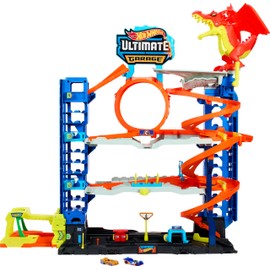 Hot Wheels City Ultimate Garage Track Set with 2 Die-Cast Toy Cars & Car-Eating Dragon, Stores 50+ Vehicles, 4 Levels