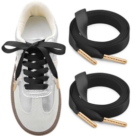 WEGOODZF Satin Shoe Laces for Sneakers: 2 Pairs 1 CM Wide 43 inch Black Silk Ribbon Shoelaces