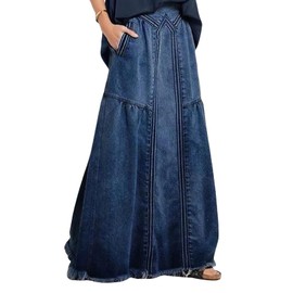 CHARTOU Women's Retro Elastic High Waist Frayed A-Line Maxi Denim Skirt with Pockets (Medium, Dark Blue)