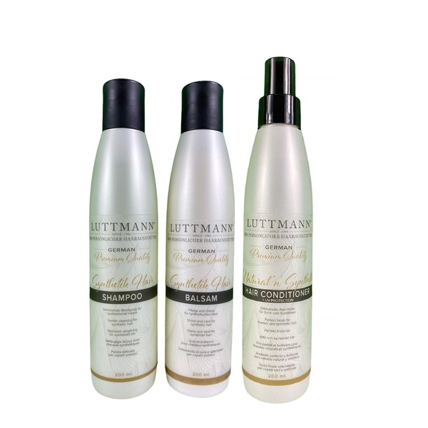 LUTTMANN® Synthetic Hair Care Set Wigs Shampoo, Balm & Natural & Synthetic Hair Conditioner 200 ml Each – Gentle Cleaning and Care for Synthetic Hair – Especially for Hairpieces & Wigs