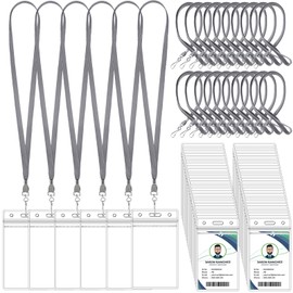 Marspark 100 Set Name Tag Lanyards with ID Holder Clear ID Name Badges Lanyards Bulk Clip Waterproof Plastic Card Holders for Adults Kids Business School Office Supplies (Gray)