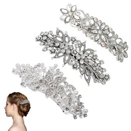 FUIPVGI 3 Pcs Rhinestone Diamante Hair Clips, Wedding Hair Accessories for Women, Silver Sparkly Pearl Hair Pins, Vintage Flower Hair Barrette Hair Slides, Hair Jewellery for Wedding Party (Silver)