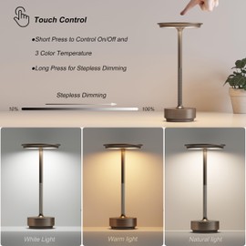 TBBGA 1 Pack Rechargeable Table Lamps Cordless, Portable 5000mAh Outdoor Table Light, 3 Color Stepless Dimming LED Table Lamp with Memory Function, for Home/Dinner/Patio/Restaurant.(Light Cafe)
