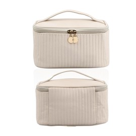 Travel Cosmetic Bag Makeup Bag Women's Portable Travel Make Up Bag Storage Bag Toiletry Bag PU Leather with Brush Compartment Portable Storage Bag for Desk for Women (Beige), beige, Fashion