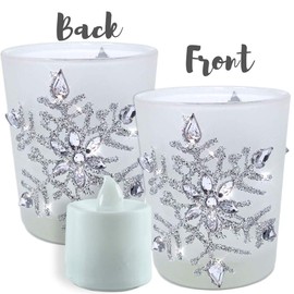 Snowflake Candleholders - Set of 6 - Wintery Frosted Glass Glittery Snowflakes with Jewels - Christmas Decoration - Sets a 'Holiday 'Mood' - Each is 2.75" H