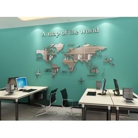 WINDIR 3D World Map Wall Stickers Decor Murals DIY Decal Silver 71x40 inch, Acrylic Office Wall Art Decor Bedroom Living Room TV Wall (Silver: 180x100 cm)