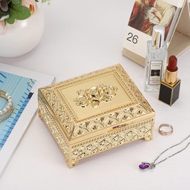 Hipiwe Vintage Metal Jewelry Box Trinket Storage Box Rectangle Treasure Chest Case Earring Ring Necklace Bracelet Organizer Decorative Keepsake Box Birthday Gift for Women