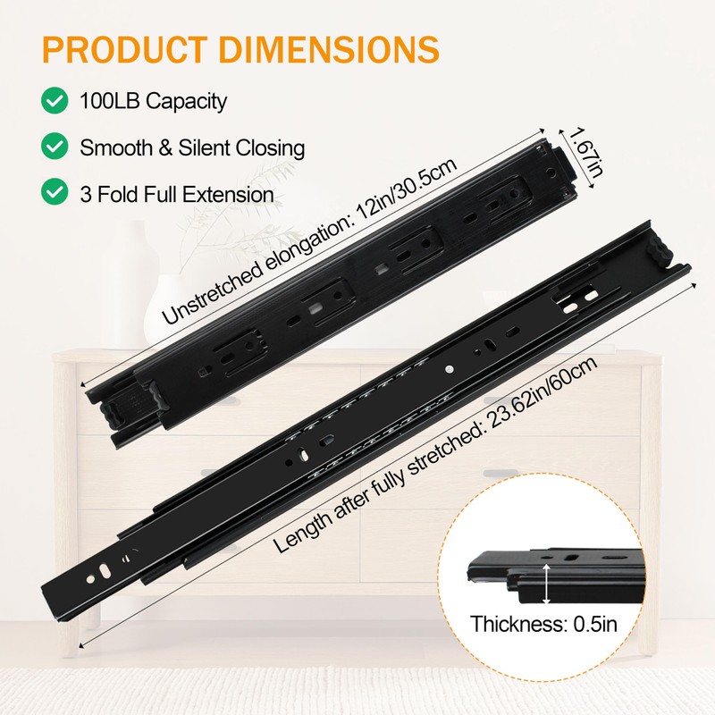 2 Pairs of 12 Inch Duty Drawer Slides,Cabinet Slides 3-Section