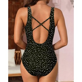 Aqua Eve - Traje de baño sexy de una pieza para mujer, cuello en V profundo, recortado, Punto Negro, M