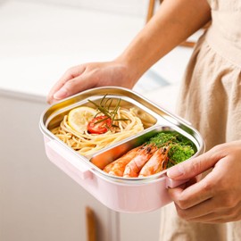 Wakects Lunch Box with 2 Compartments and Cutlery Stainless Steel Bento Box Airtight for Office Work School 21.5 x 15 x 6.5 cm (Pink)