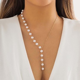 Inateannal Boho Pearl Y Lariat Neckalce Long Pearl Drop Y Necklace Gold Pearl Choker Necklace Pearl Beaded Chain Necklace Vintage Pearl Tassel Neckalce Asymmetrical Pearl Pendant Necklace