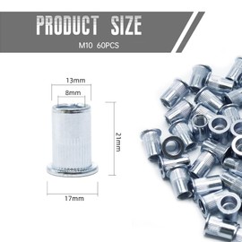 CCLIFE 60 pieces M10 rivet nuts and blind rivet nuts set, 17 mm x 21 mm, galvanised carbon steel - ideal attachment for steel, fibreglass and plastic