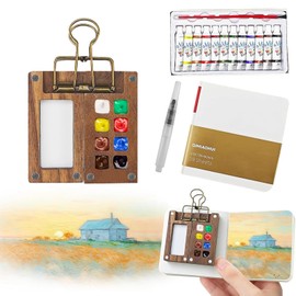 5 Pcs Portable Watercolor Palette - 8 Grids Travel Watercolour Paint Set, Portable Travel Painting Set, Lid Foldable Wooden Palette, Sketchbook Brush Watercolour for Painting Lovers