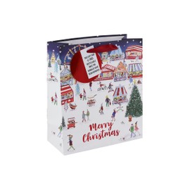 Eurowrap White Kraft Paper Merry Christmas Market Gift Bag Eco Friendly 100% Recyclable with Red Circle Gift Tag Xmas Gift Wrap Medium