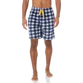 IZOD Men's Lite Touch Fleece Sleep and Lounge Short, Blue/White/Lemon Plaid, Large