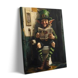 St Patrick Day Canvas Wall Art Decor - 8X10 inch Funny Leprechaun on Toilet Framed Painting, St. Patrick’s Day Humor Art, St. Patrick’s Day Decorations, Ideal for Bathroom, Living Room, Gift Idea