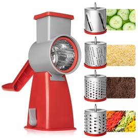SUREWIN Rotary Cheese Grater with 4 Stainless Blades - Hand Crank for Parmesan, Hard Cheese, Nuts - Slip-Resistant Suction Base, Easy to Clean & Store（Red）