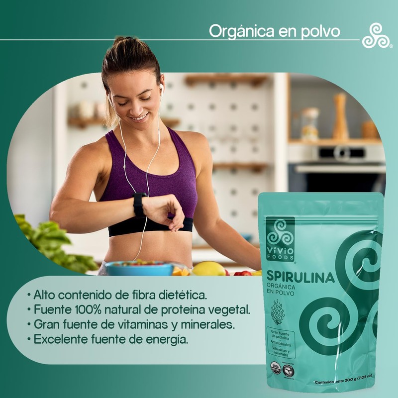 Vivio Foods, Spirulina Orgánica En Polvo, 200 gramos
