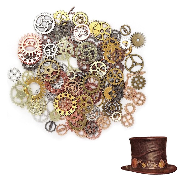 jeufun 50 Grams Steampunk Gears, Cogs and Gears, Assorted Vintage Antique Steampunk Gears Charms Cogs, Watch Cog Wheel Sets Steampunk Craft for Jewelry Making, DIY Handmade Accessories- 4 Colors
