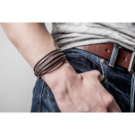 SERASAR Leather Bracelet for Men - Male Bracelets Brown Cowhide Gift-Box Braided Wristlet Stainless Steel Jewelry Wrist-Band Cuff Wrap Rope Bangle Dad Man Pulseras para Hombres Cuero Regalo