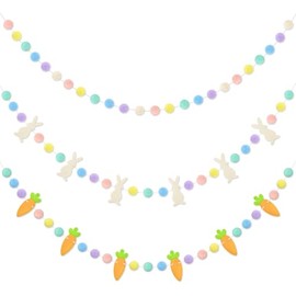 Easter Decorations Bunny Rabbit Banner Pastel Rainbow Pom Pom Colorful Felt Ball Hanging Garland for Home Indoor Living Room Wall Classroom Spring Holiday Wedding Birthday Party Decor Supplies(No DIY)