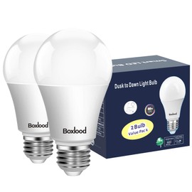 Boxlood Dusk to Dawn LED Light Bulbs, Built in Light Sensor, Plug and Play, 9W 6000K Cool White, 60W Halogen Equivalent, A19 E26 Base, AC120V, Auto On/Off Indoor Outdoor Lighting Bulb (2 Pack)