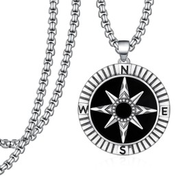 Compass Necklace for Men 925 Sterling Silver Compass Black Agate Pendant Necklace Cpmpass Jewelry Gifts for Men Women