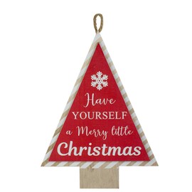 16" Red and White Merry Little Christmas Tree Wooden Hanging Wall Sign