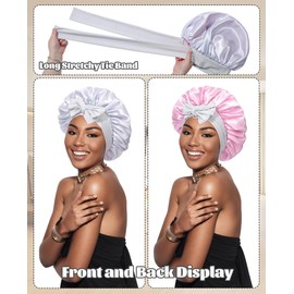 Satin Bonnet Silk Bonnet for Sleeping Silk Sleep Cap Double Layer Hair Bonnet with Elastic Tie Band for Curly Hair Night Cap (Light silver+Pink)