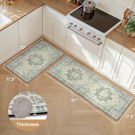 GENIMO Kitchen Mats for Floor 2PCs, Washable Anti Fatigue Mat for Cushioned, 17.3"x47"+17.3"x30", Waterproof Kitchen Rugs, Non Slip Comfort Standing Mat Rug for Home, Sink, Laundry, Light Green