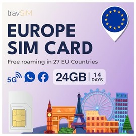 travSIM Europe SIM Card with 24GB of Data (4G/5G speeds) | Valid for 14 Days | Data Only SIM Card | Use VOIP apps Like Skype and Whatsapp for Calls | Use SIM for Europe in All EU Countries