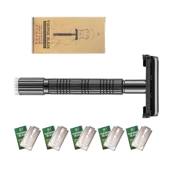 Women Safety Razor by VIKINGS BLADE + 5 Swedish Steel Blades, Double Edge, Sustainable and Eco Friendly, Twist to Open, Reduces Razor Burn, Smooth, Close, Clean Shave (Model: The Chieftain "ATHENA")