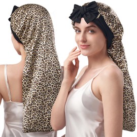 YFONG Double-Layered 100% Pure Mulberry Silk Bonnet for Long Hair, 22 Momme Hair Bonnet for Sleeping with Elastic Tie Band, Real Silk Sleep Cap for Women Long Curly, Leopard