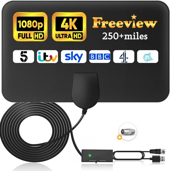 Indoor TV Aerial 250+ Miles Long Range, Freeview Digital TV Aerial with Amplifier Signal Booster, TV Antenna Support 4K 1080p Local HDTV Channels and All Types TV