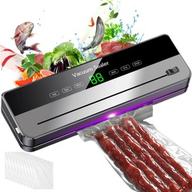 5-in-1 Vacuum Sealer, Food Vacuum Sealer with 10 Pieces 20 x 30 cm Vacuum Sealer Bags, 65 Kpa Removable Film Sealer with LED Display and Cutter for Dry and Moist Foods (Grey)