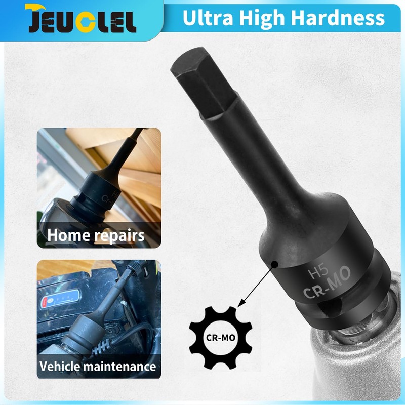 JEUCLEL 5mm Hex Impact Bit Socket, H5 1/2-Inch Impact Drive