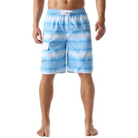 unitop Men's Surf Board Shorts Stretch Beachwear Summer Holiday Striped Drawstring with Mesh Lining Light Blue 36