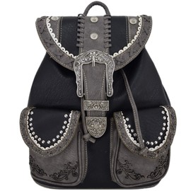 Western Style Tooled Buckle Studded Floral Women Country Backpack Bags Rucksack Daypack Biker Purse Matching Wallet Set (Black)