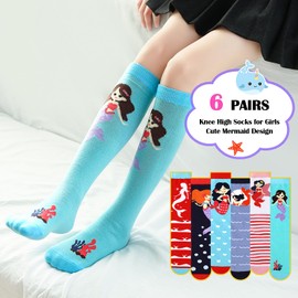 PHOGARY 6 Pairs Girls Knee High Socks, Cute Socks Odd Socks Colorful Cartoon Animal Welly Socks Warm Cotton Crazy Fun Kids Mid Calf Long Boot Socks for 3-12 Years Girls, One Size (Mermaid)