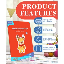 Lzerking Printable Vinyl Sticker Paper for Inkjet Printer - 25 Sheets Glossy White Self-Adhesive Waterproof Decal Sticker Paper - 8.5x11 Inches Dries Quickly Vivid Colors DIY Crafts