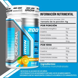 Creatina Monohidratada Iron Fit 1kg Sabores 200 Servicios