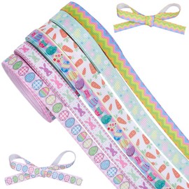 GORGECRAFT 27m 6 Rolls Easter Ribbon Set Pastel Easter Grosgrain Ribbons with Eggs Rabbits Carrots Wavy Line Pattern 10mm Wide Spring Ribbon for Gift Wrapping Decoration Craft and Sewing