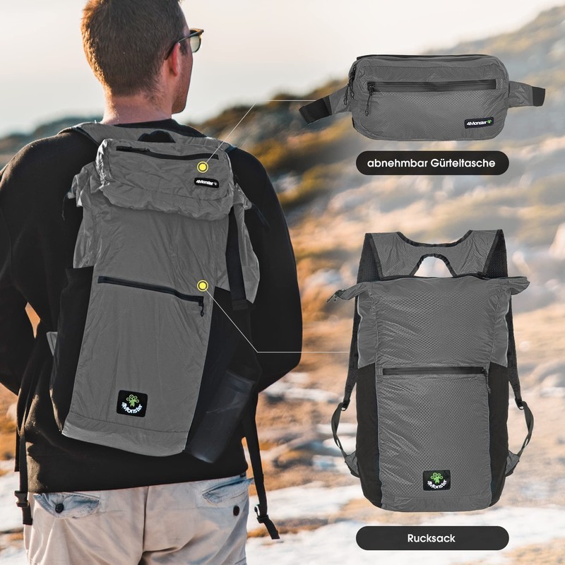 4Monster Foldable Backpack, Ultra Light, Unisex Daypack, Outdoor, 2-in-1 Belt