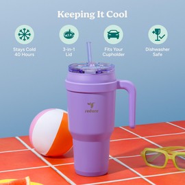 Reduce el vaso de acero inoxidable de 40 onzas con asa, taza de viaje aislada al aspiradora de doble pared, tapa a prueba de sudor y pajita reutilizable, mantiene las bebidas frías durante 24 horas,