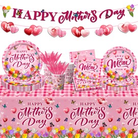 GREHUMOR 142Pcs Happy Mother's Day Party Supplies Pink Mother's Day Tableware Floral Flowers Tulip Disposable Paper Plates,Tablecloth,Napkins,Cups,Forks and Knives for Best Mom Ever Party Decorations