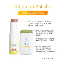 ENVERA | Kit "En mi bolsillo" Protector en Barra Invisible FPS 50 + Protector Solar Facial en Barra con Color para Mejillas Párpados y Labios | Bloque